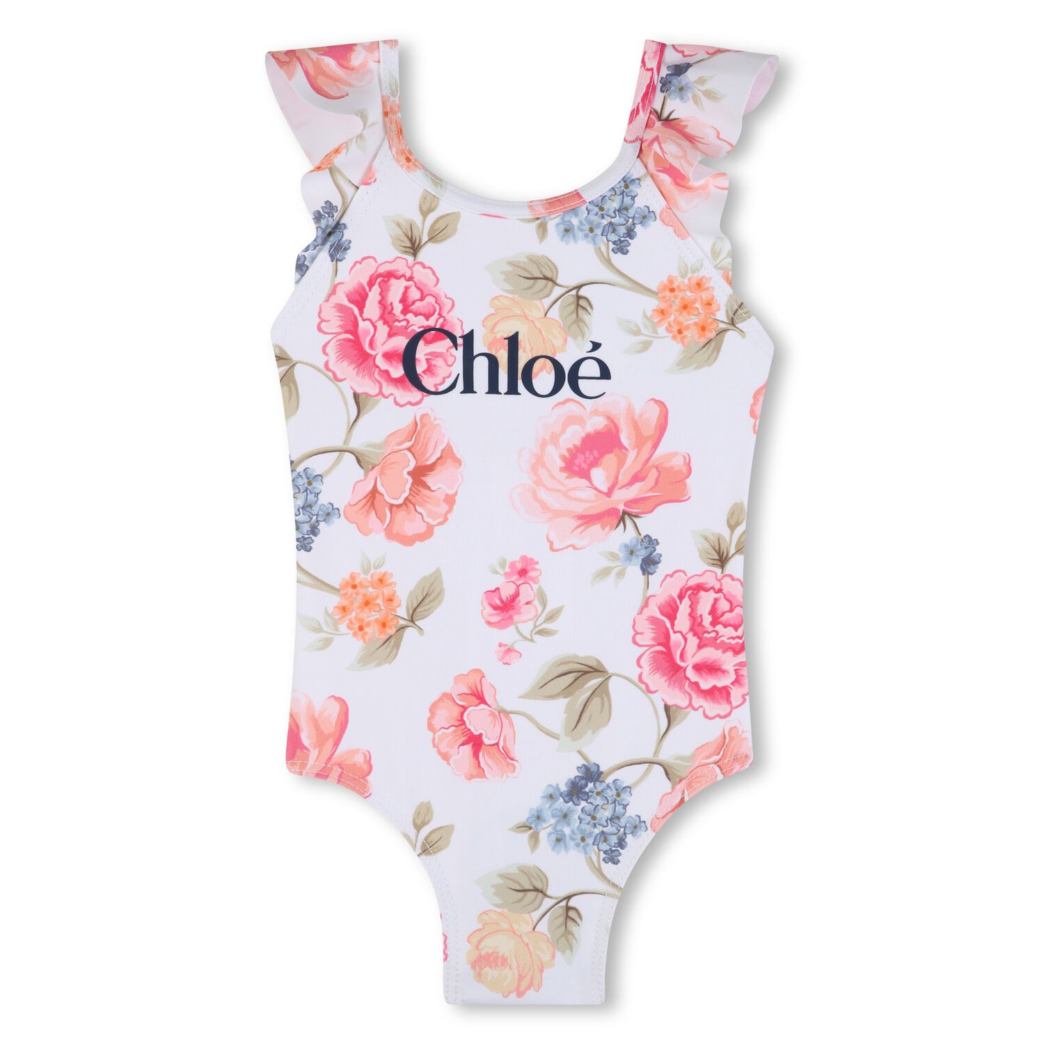 Girls White Floral Logo Swimsuit, 1, hi-res