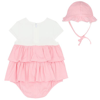 Baby Girls Pink & White Romper & Hat Set