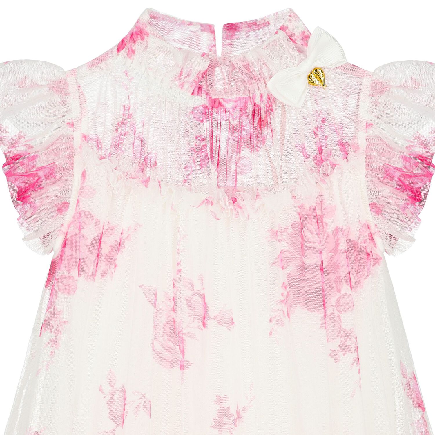 Girls White & Pink Rose Tulle Dress, 5, hi-res