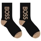 Boys Black & Beige Logo Socks, 1, hi-res