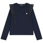 Girls Navy Blue Glittery Tulle Long Sleeve Top, 1, hi-res