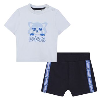 Baby Boys Blue & Navy Blue Logo Shorts Set