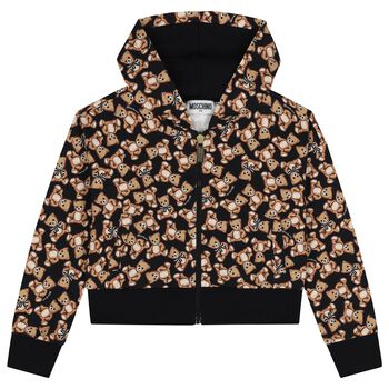 Girls Black Teddy Bear Hooded Zip Up Top