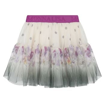 Girls Ivory & Purple Floral Logo Tulle Skirt