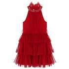 Girls Red Embellished Tulle Dress, 1, hi-res
