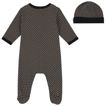 Baby Boys Black, White & Beige Babygrow & Hat Gift Set