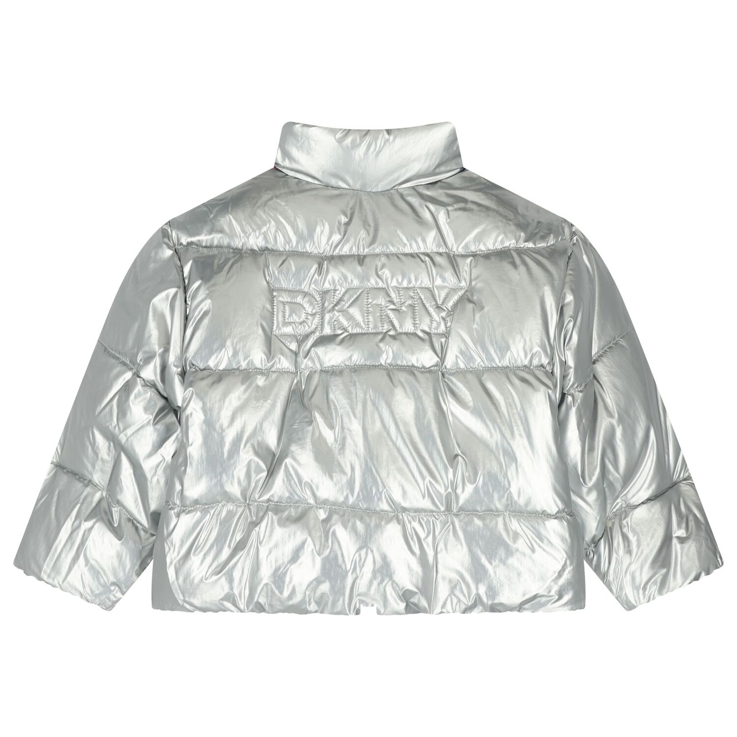 Girls Silver & Black Logo Reversible Puffer Jacket, 1, hi-res