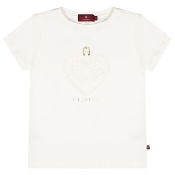 Girls Ivory & Gold Heart Logo T-Shirt