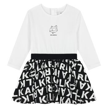 Younger Girls White & Black Choupette Logo Dress