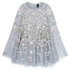 Girls Blue Floral Tulle Cape Dress, 1, hi-res