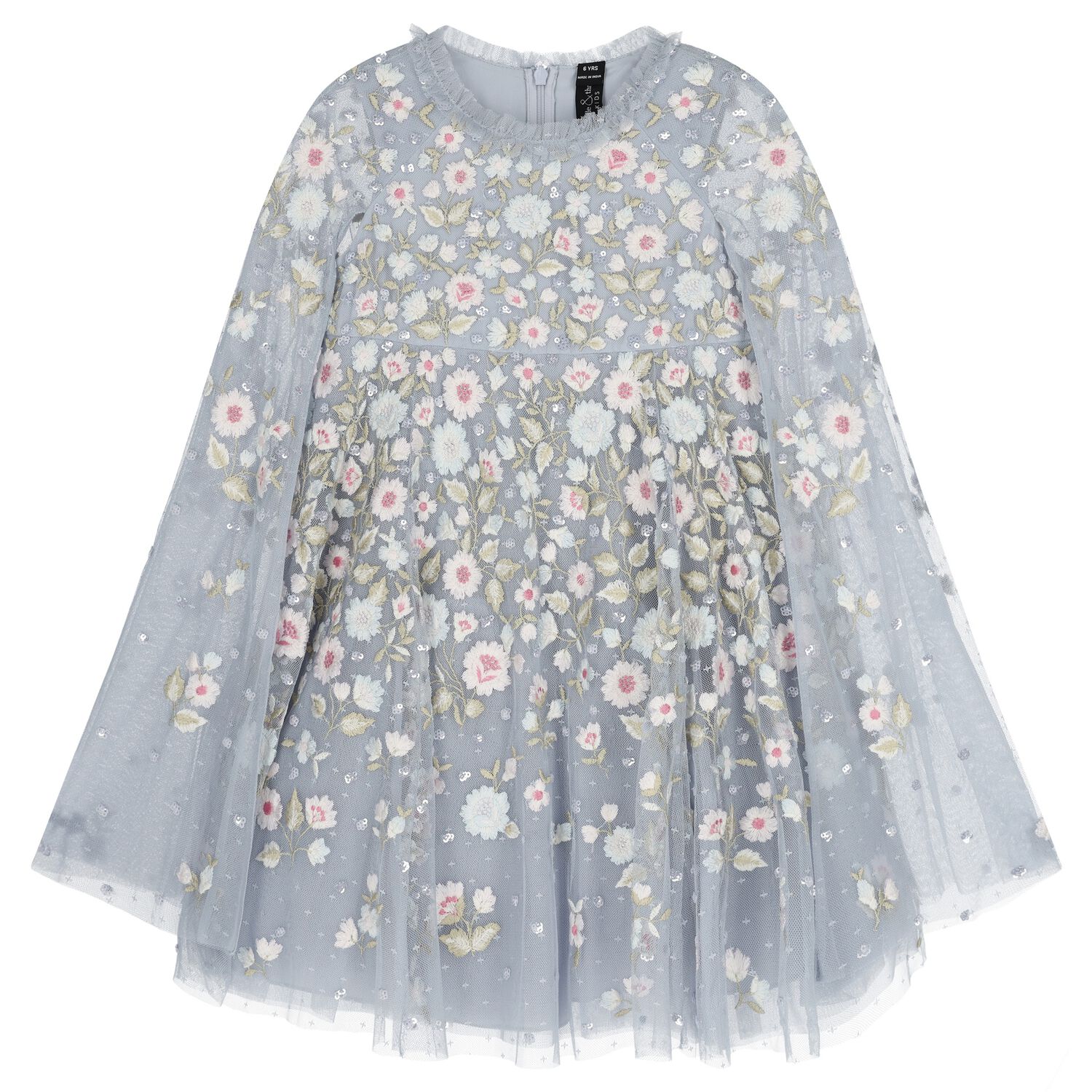 Girls Blue Floral Tulle Cape Dress, 1, hi-res