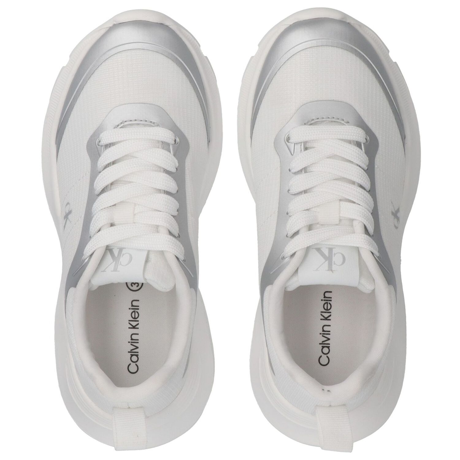 White & Silver Logo Trainers, 1, hi-res