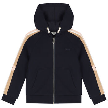 Girls Navy Blue Logo Hooded Zip Up Top