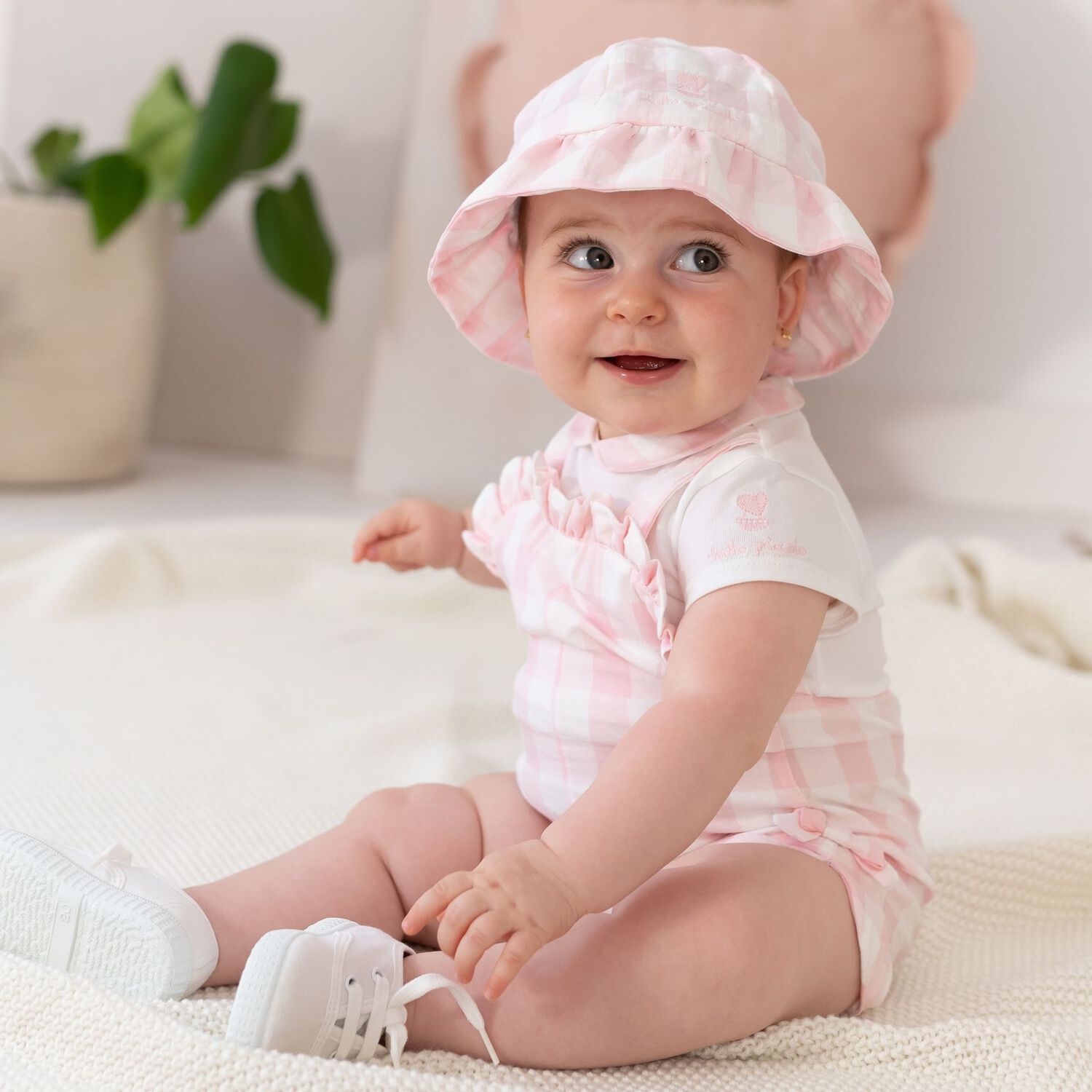 Baby Girls White & Pink Gingham Romper, 1, hi-res