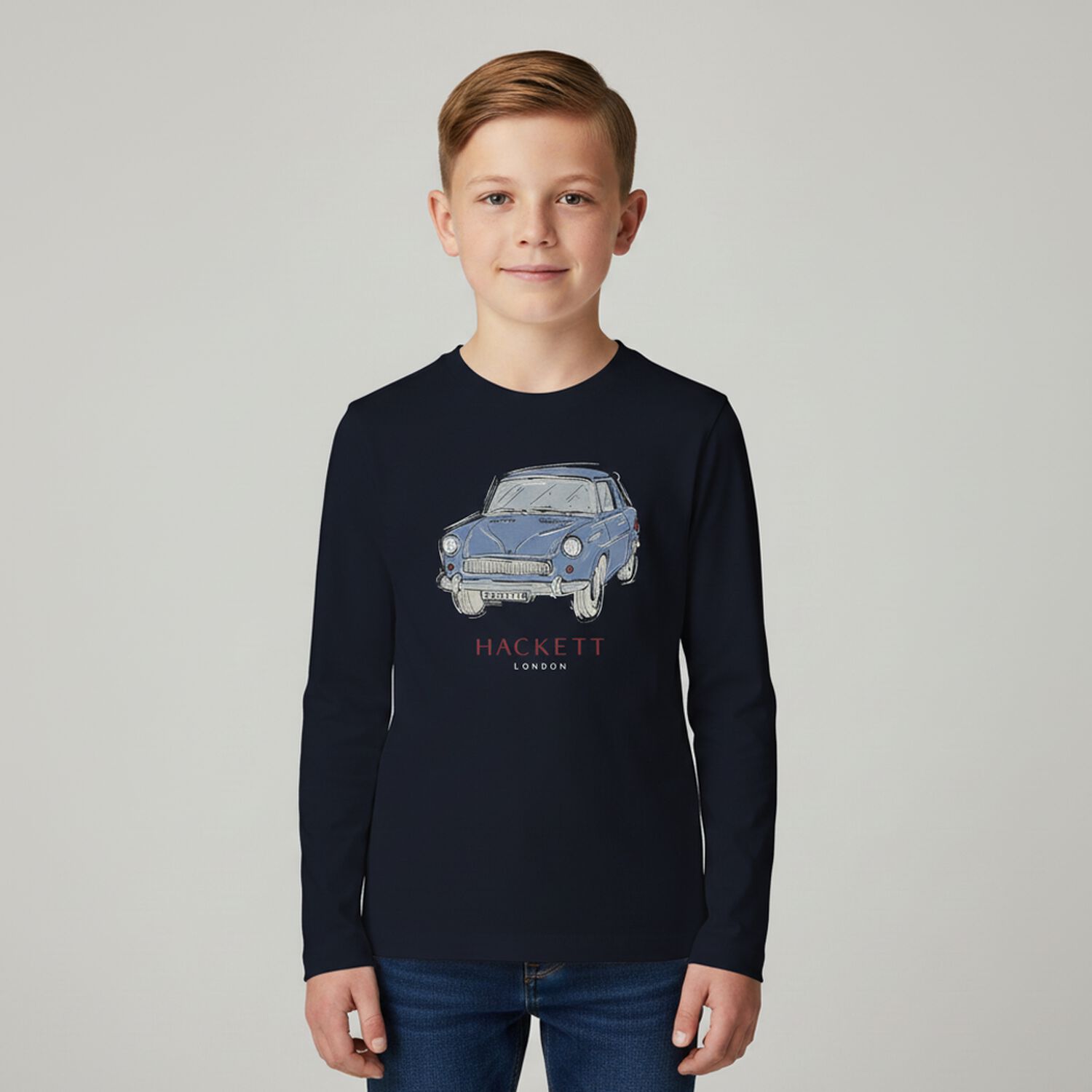 Boys Navy Blue Vintage Car Logo Long Sleeve Top, 1, hi-res
