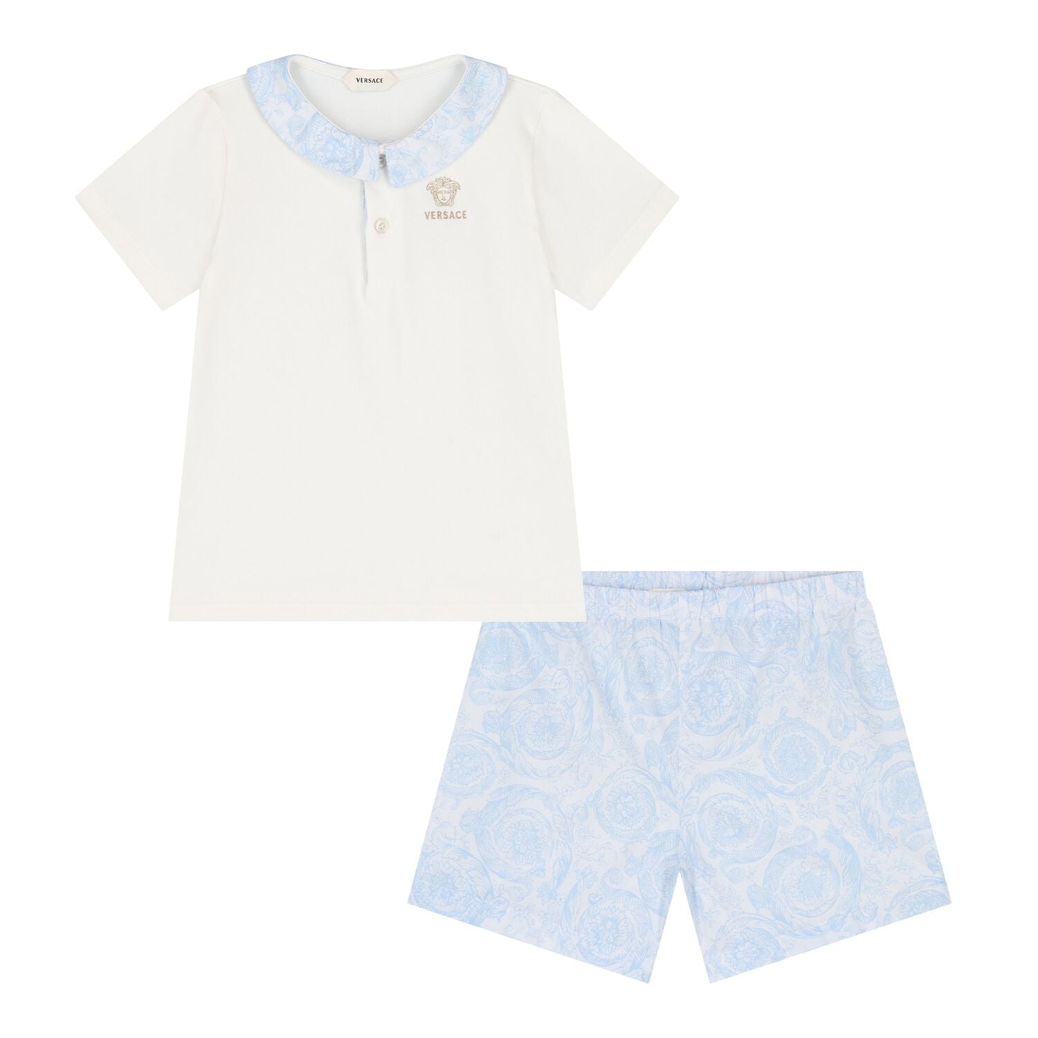 Baby Boys White & Blue Barocco Shorts Set, 1, hi-res