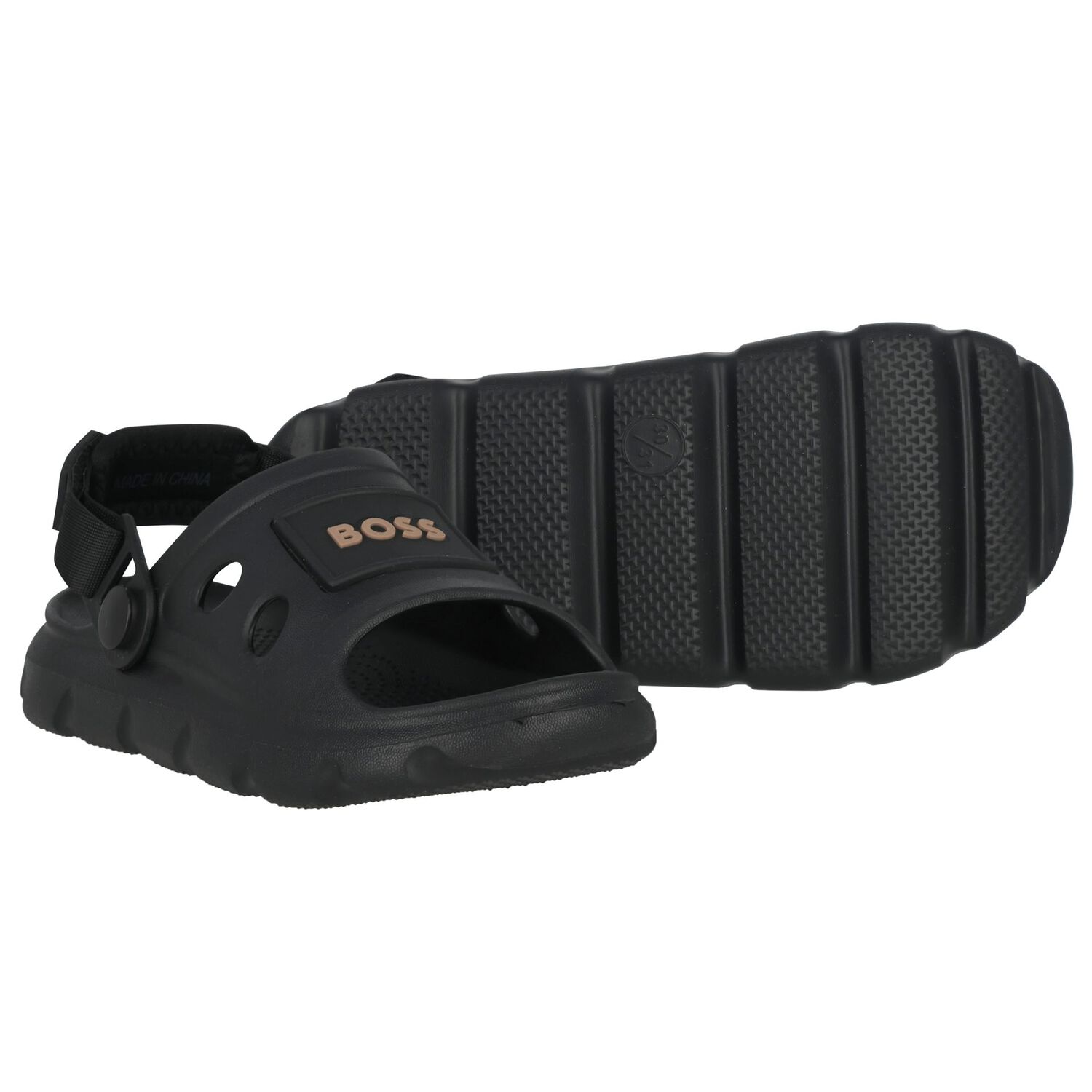 Boys Black Logo Sandals, 1, hi-res