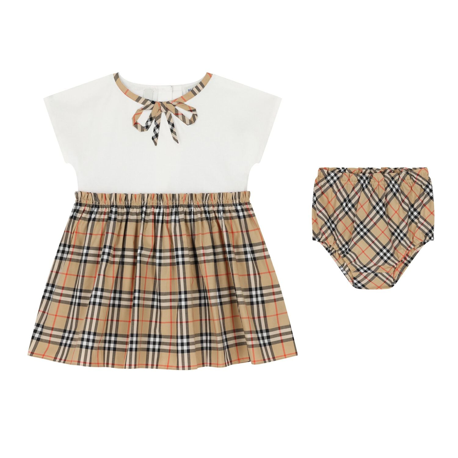 Baby Girls White & Beige Bow Check Dress Set, 1, hi-res