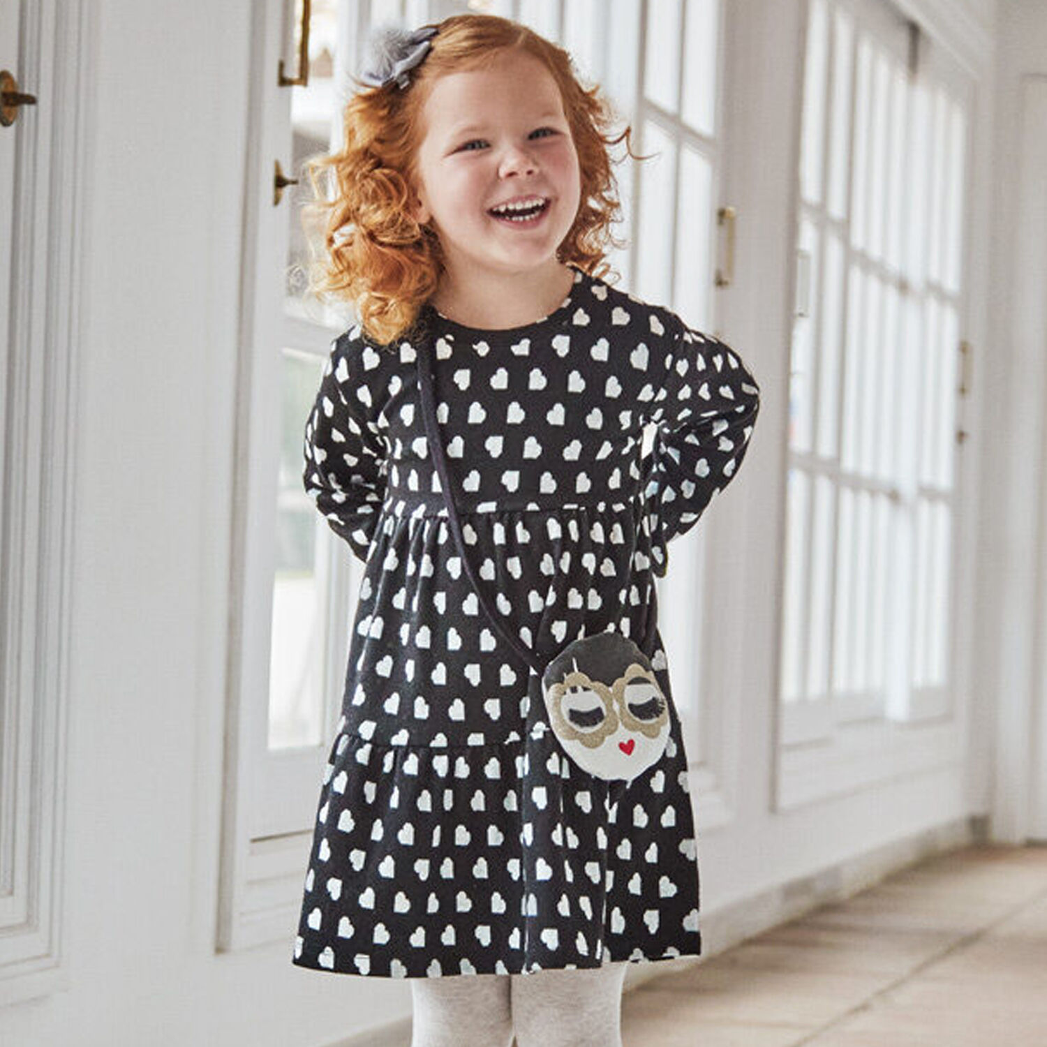 Girls Black Heart Dress & Bag Set, 2, hi-res