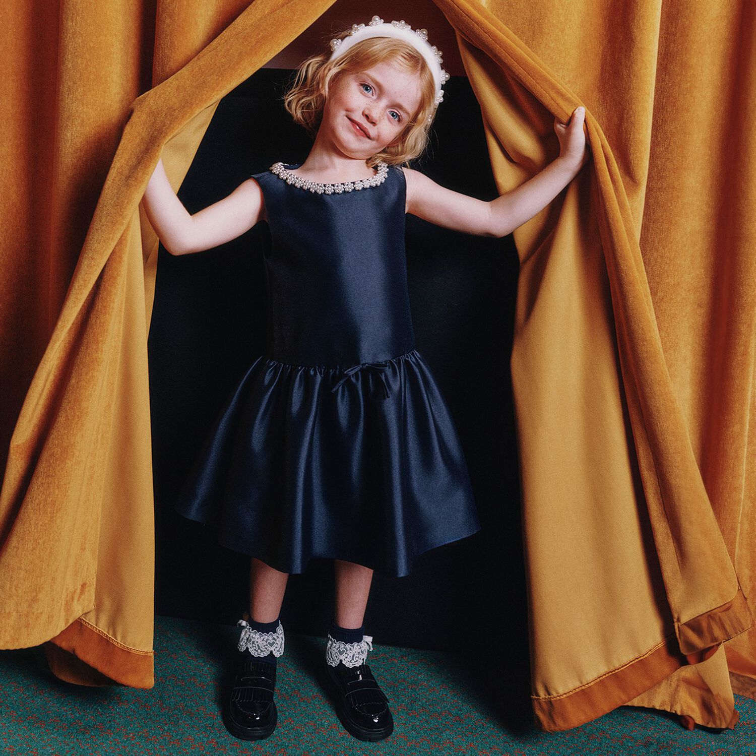 Girls Navy Blue Pearl Satin Dress, 1, hi-res