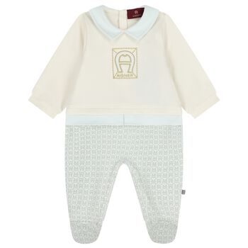 Baby Boys Ivory & Blue Logo Babygrow