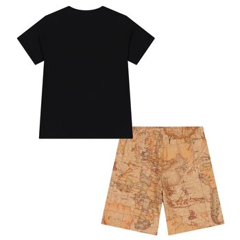 Boys Black & Beige Geo Map Shorts Set