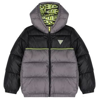 Boys Grey & Green Logo Padded Puffer Jacket