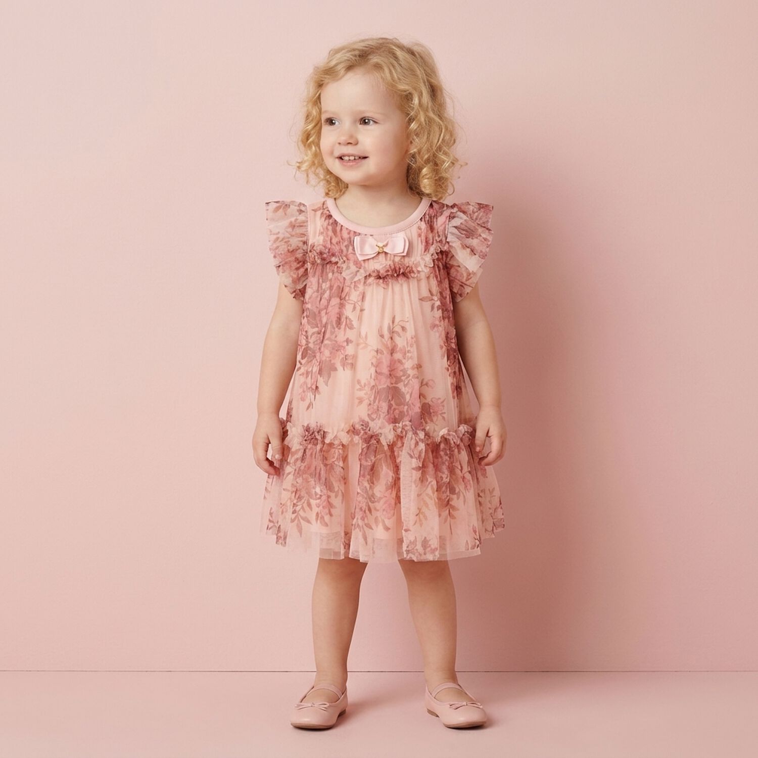 Baby Girls Pink Floral Tulle Dress , 1, hi-res
