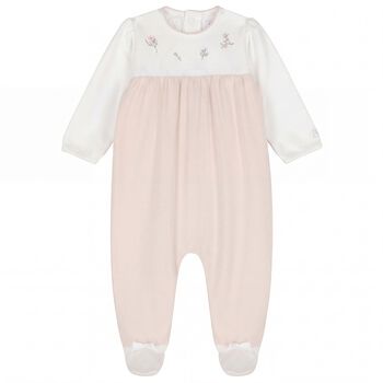 Baby Girls White & Beige Floral Babygrow