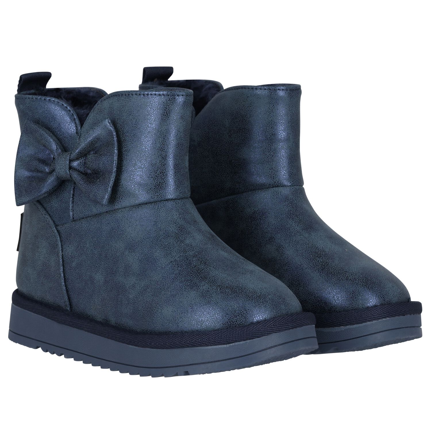 Girls Metallic Blue Faux Leather Bow Boots, 3, hi-res