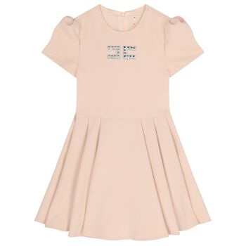 Girls Pink Diamante Logo Pleated Dress