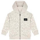 Boys White & Beige Logo Hooded Zip Up Top, 1, hi-res