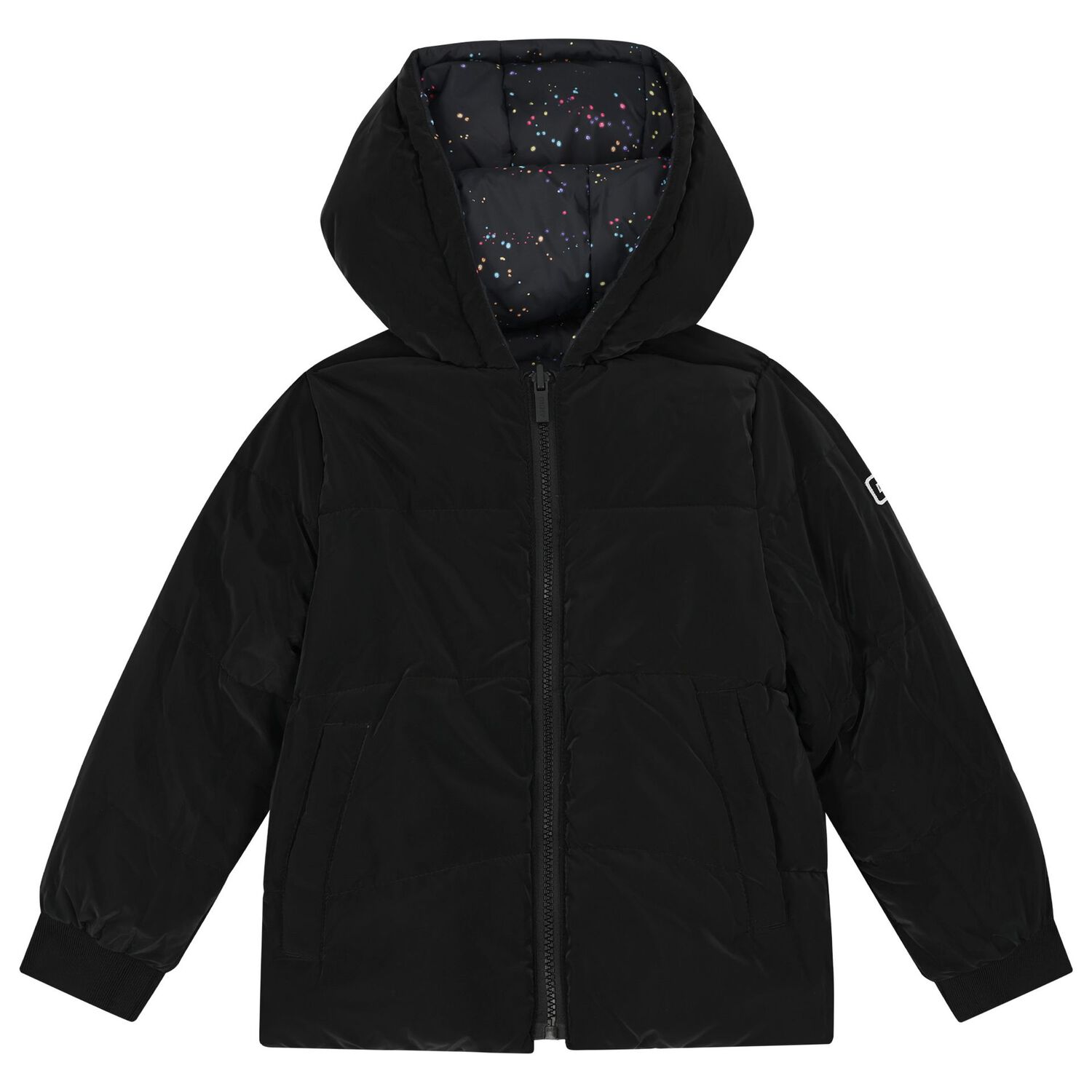 Girls Black Reversible Puffer Jacket, 1, hi-res image number null