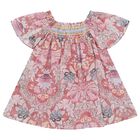 Girls Pink Floral Shirred Dress, 1, hi-res