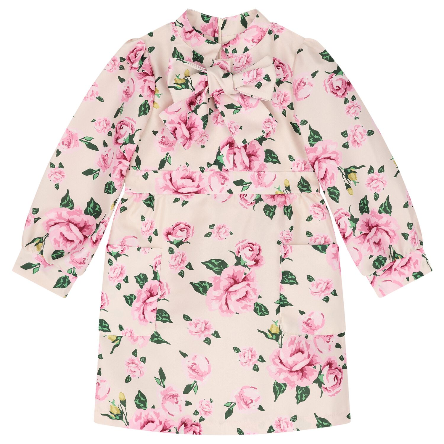 Girls Pink Floral Bow Dress, 1, hi-res