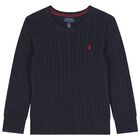 Navy Blue Logo Cable Knit Jumper, 1, hi-res
