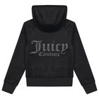 Girls Black Crystal Embellished Diamant&eacute; Logo Velour Hooded Zip Up Top, 1, hi-res