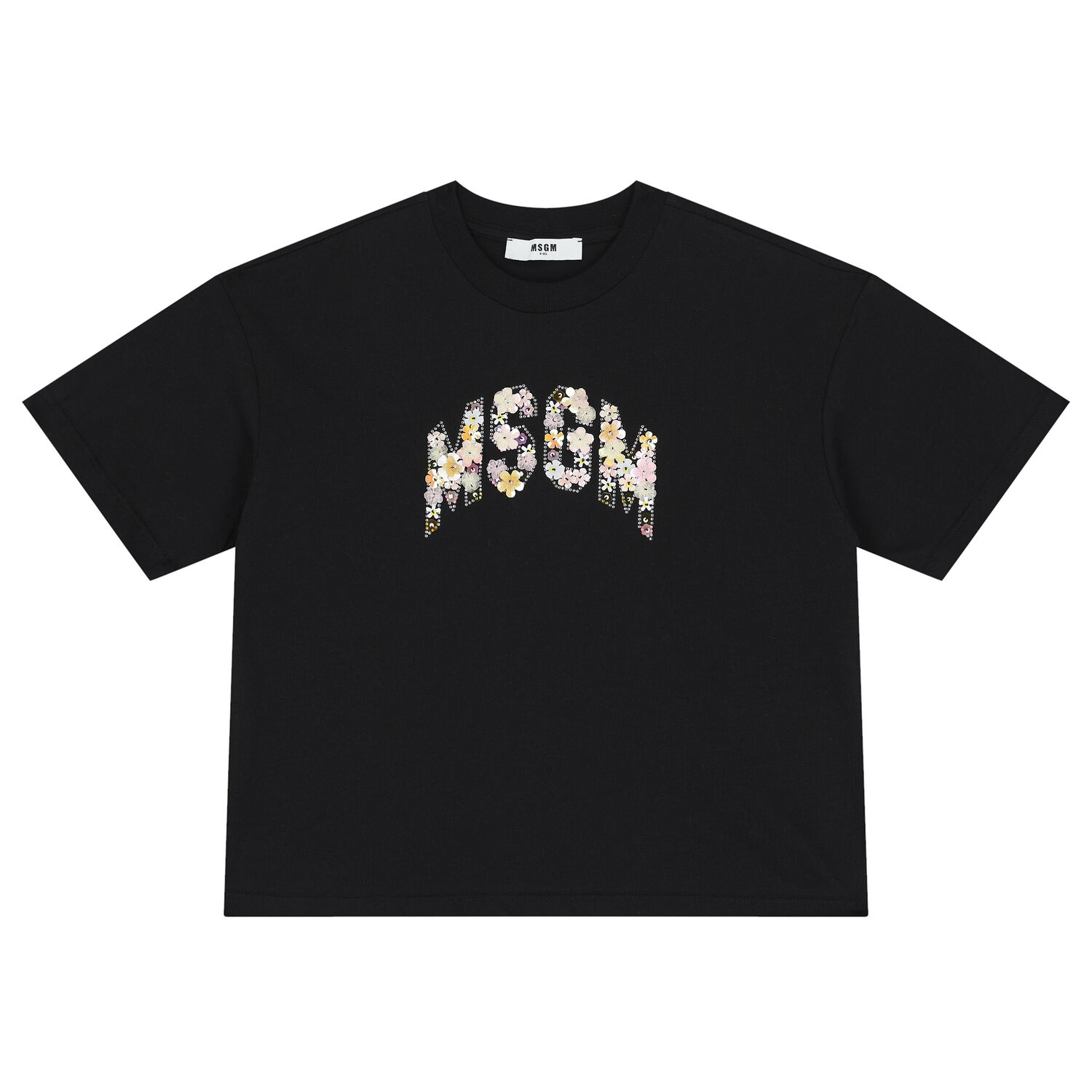 Girls Black Logo Sequin Flower T-Shirt, 1, hi-res