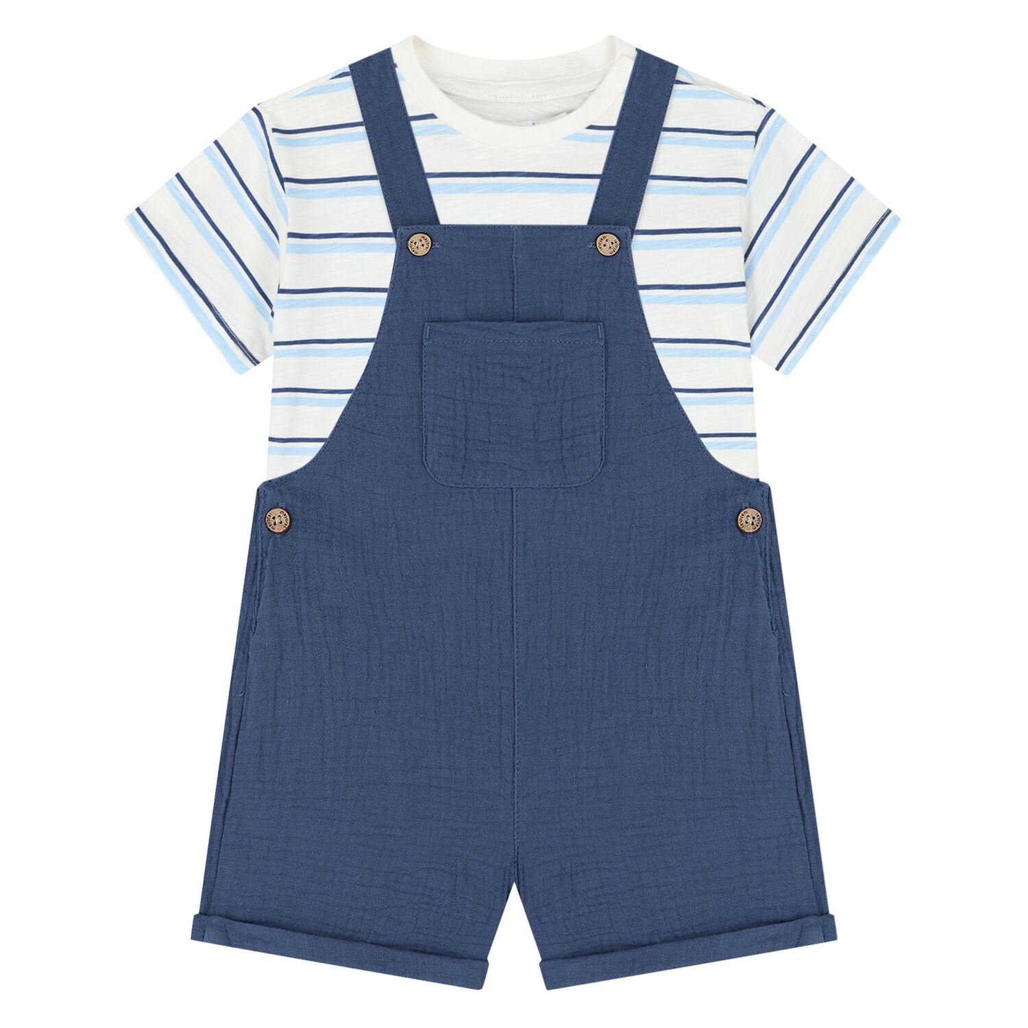 Younger Boys Navy Blue Dungaree & Hat Set (3 Piece) , 2, hi-res