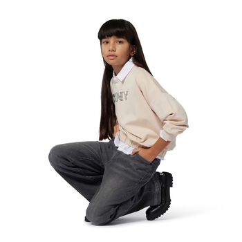 Girls Beige Logo Embellished Sweatshirt