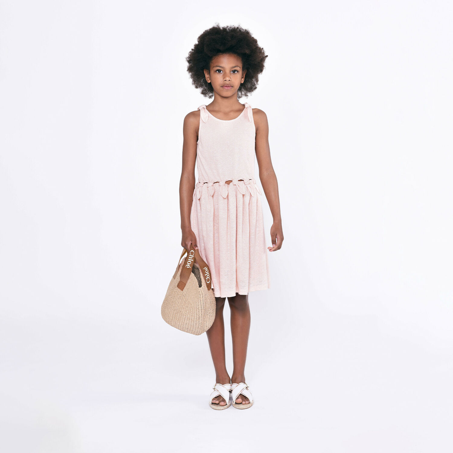 حقيبة يد قش بالشعار باللون البيج للبنات, 1, hi-res