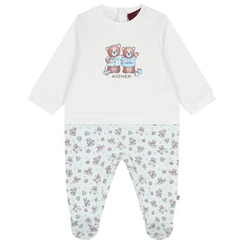 Baby Boys White & Blue Teddy Bear Logo Babygrow