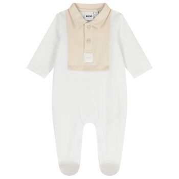 Baby Boys White & Beige Logo Babygrow