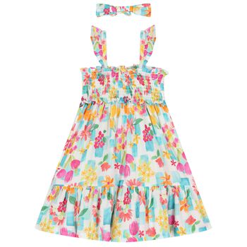 Girls White, Blue & Pink Floral Dress Set