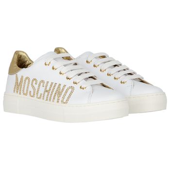 Girls White & Gold Logo Trainers
