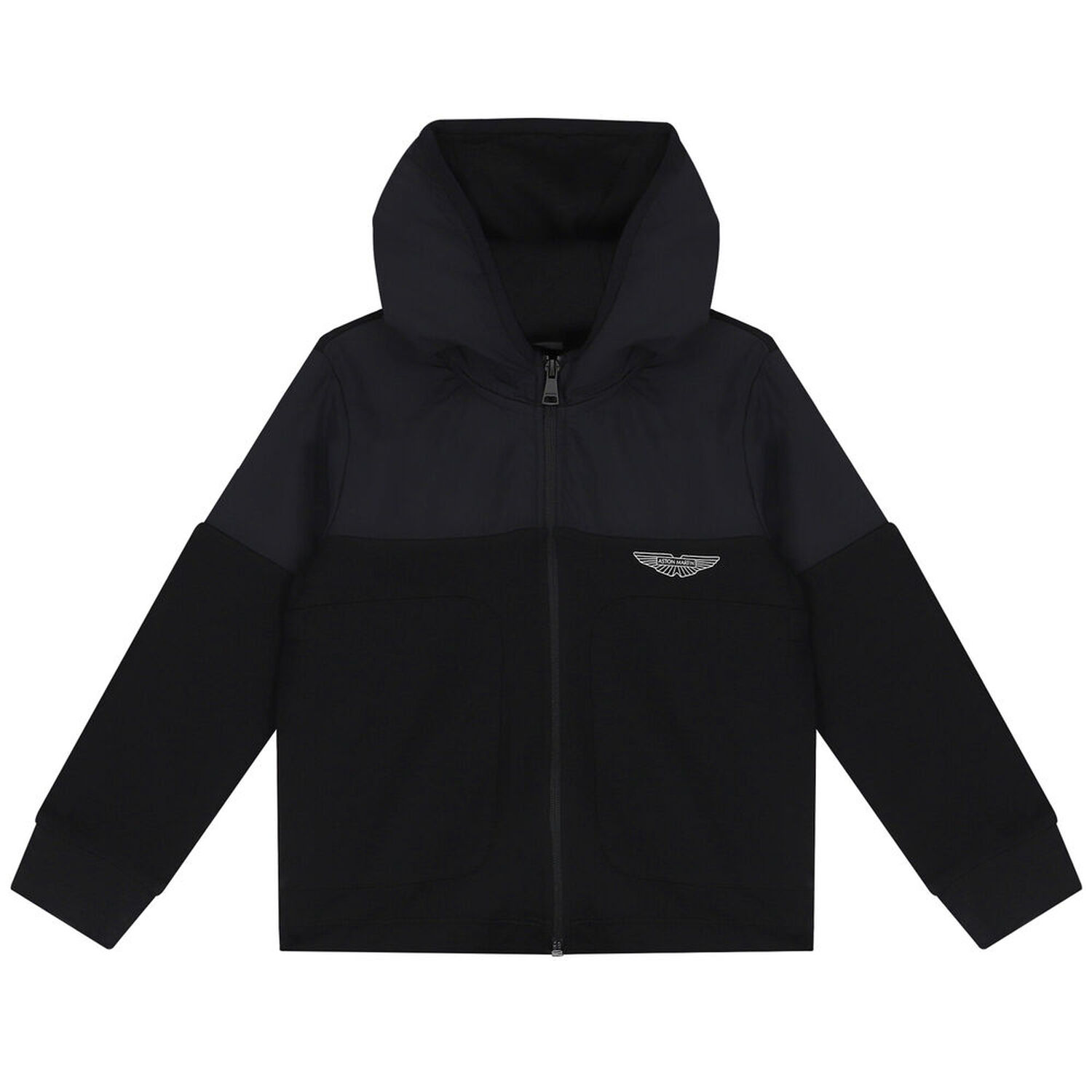 Boys Black Aston Martin Logo Hooded Zip Up Top, 1, hi-res