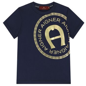 Younger Boys Navy & Gold Logo T-Shirt