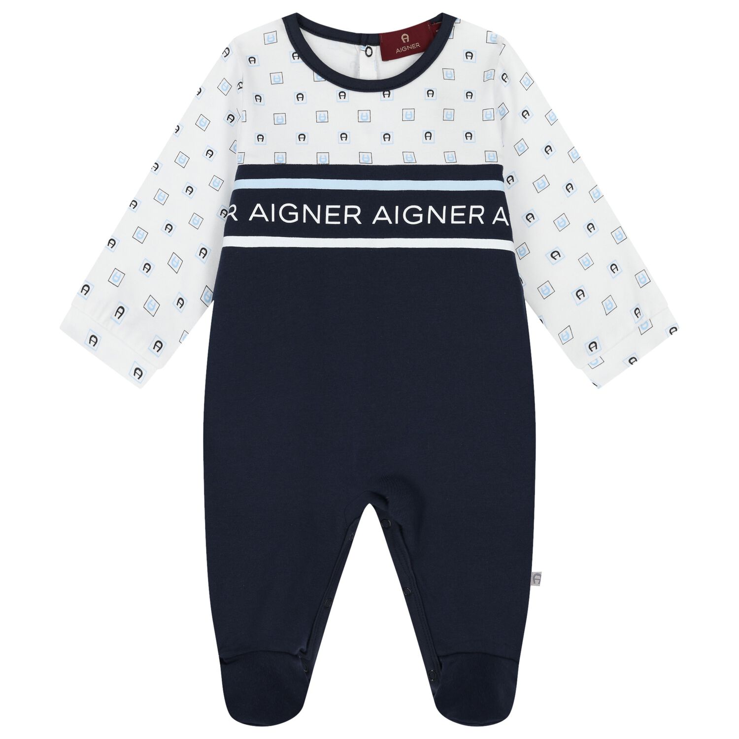 Baby Boys White & Navy Blue Logo Babygrow, 1, hi-res