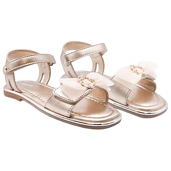 Girls Gold Leather Tulle Bow Sandal