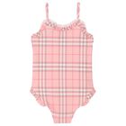 Girls Pink Check Ruffled Swimsuit, 1, hi-res